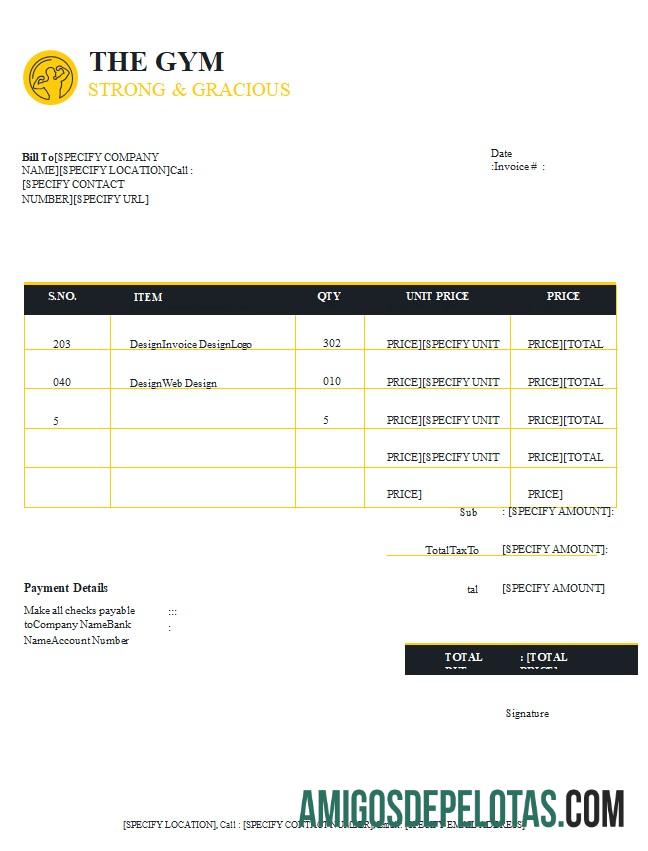 imprimível Modelo de fatura de academia grátis